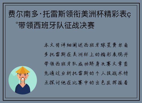 费尔南多·托雷斯领衔美洲杯精彩表现带领西班牙队征战决赛 费尔南多·托雷斯领衔美洲杯精彩表现带领西班牙队征战决赛