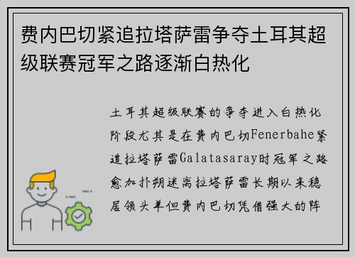 费内巴切紧追拉塔萨雷争夺土耳其超级联赛冠军之路逐渐白热化