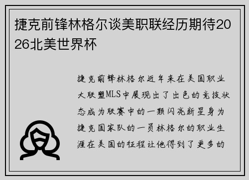 捷克前锋林格尔谈美职联经历期待2026北美世界杯 捷克前锋林格尔谈美职联经历期待2026北美世界杯