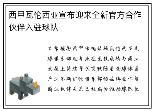 西甲瓦伦西亚宣布迎来全新官方合作伙伴入驻球队